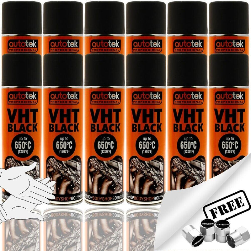 12x Autotek BLACK VHT High Temperature 650C Spray Paint Cans 500ml +G+C