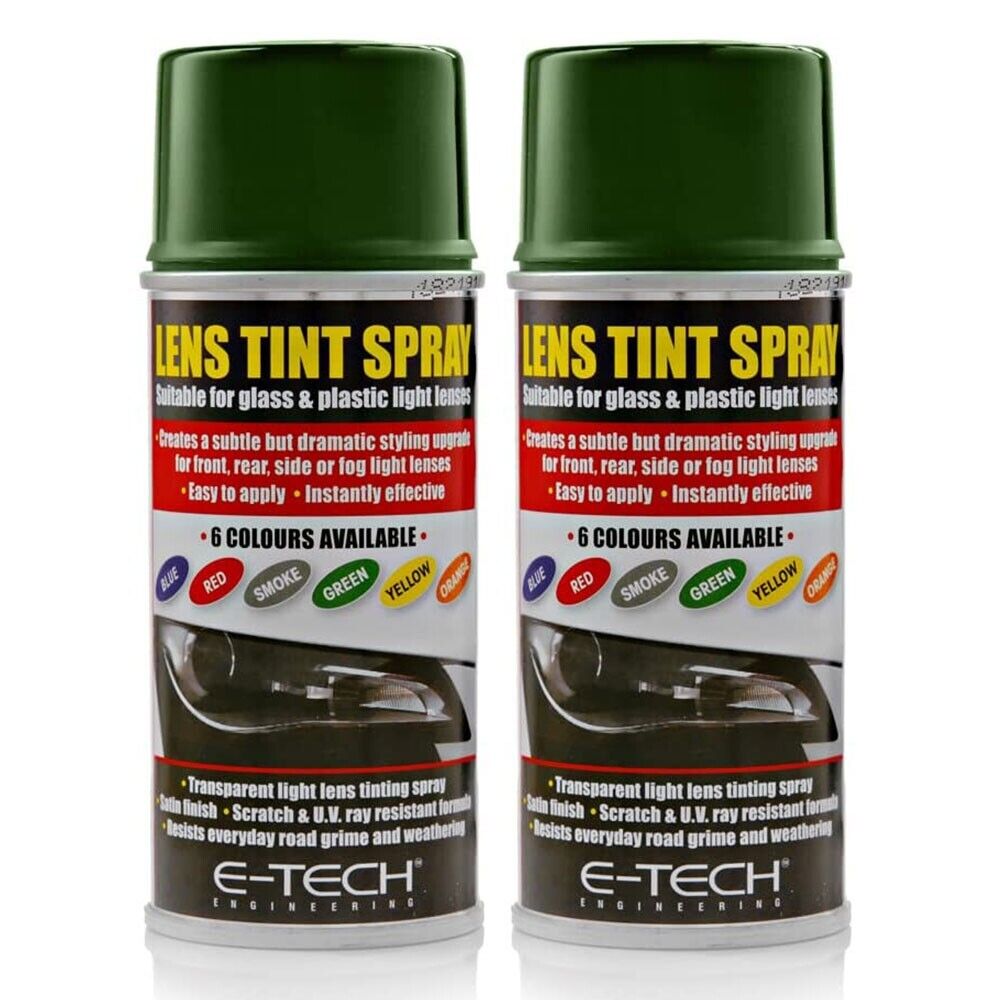 2x E-Tech  Green Lens Tint Spray Cans For Car Glass Plastic Light Lamp 150ml