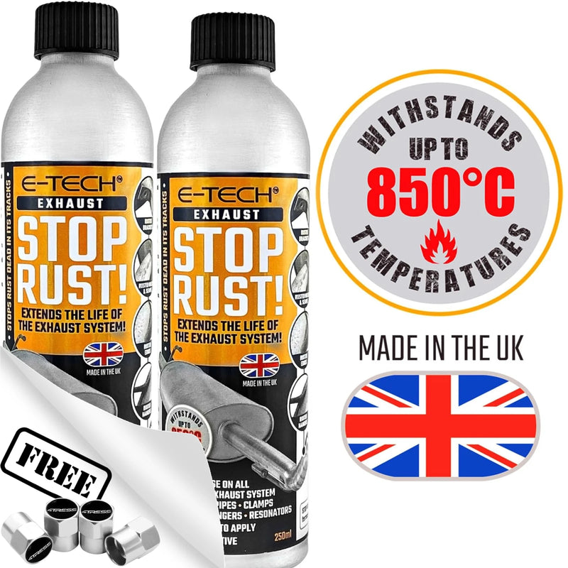 2x E-Tech Stop Rust Treatment Exhaust System 250ml Car Rust Protection + Caps
