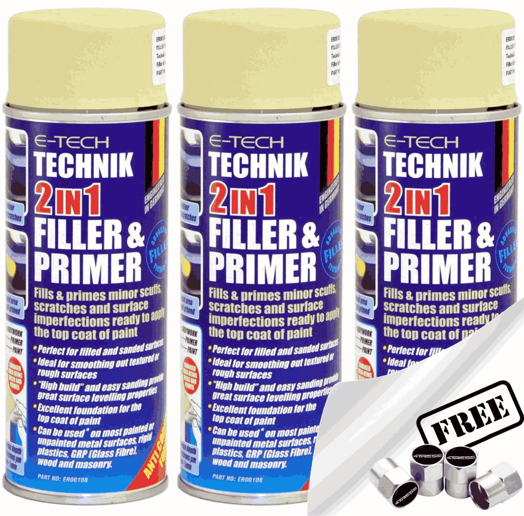 3x E-Tech TECHNIK 2 in 1 High Build Filler & Primer Spray Paint 400ml Cans +Caps