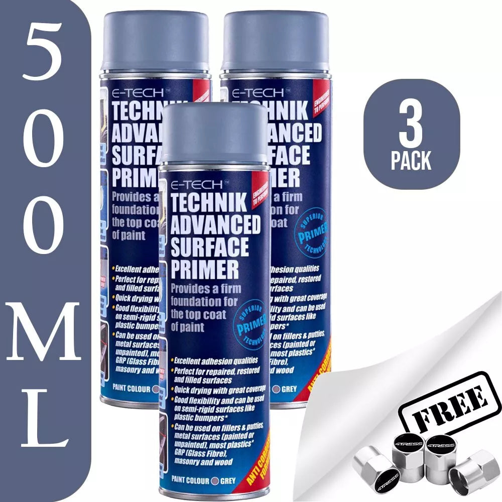 3x E-Tech Technik Advanced Repaired Surface Primer Spray Paint 500ml +Caps