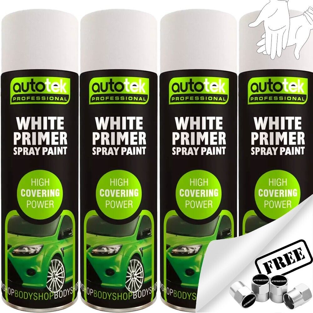 4x AUTOTEK WHITE PRIMER Aerosol Spray Paint Professional Hi Covering Power+G+Caps
