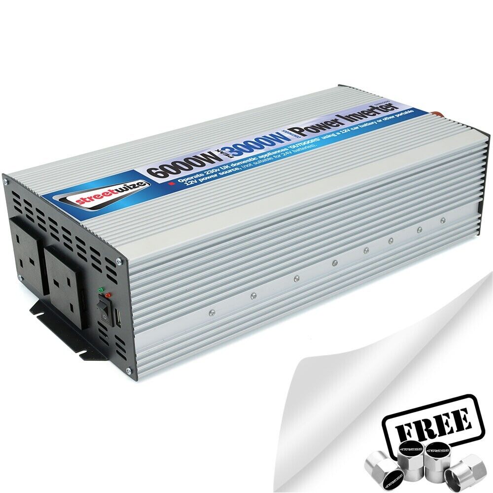 12v Car Battery to 230v Home Mains Socket USB 6000w Peak Power Inverter +Caps