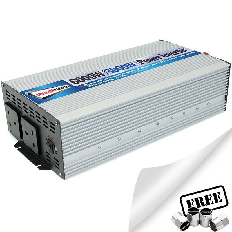 12v Car Battery to 230v Home Mains Socket USB 6000w Peak Power Inverter +Caps
