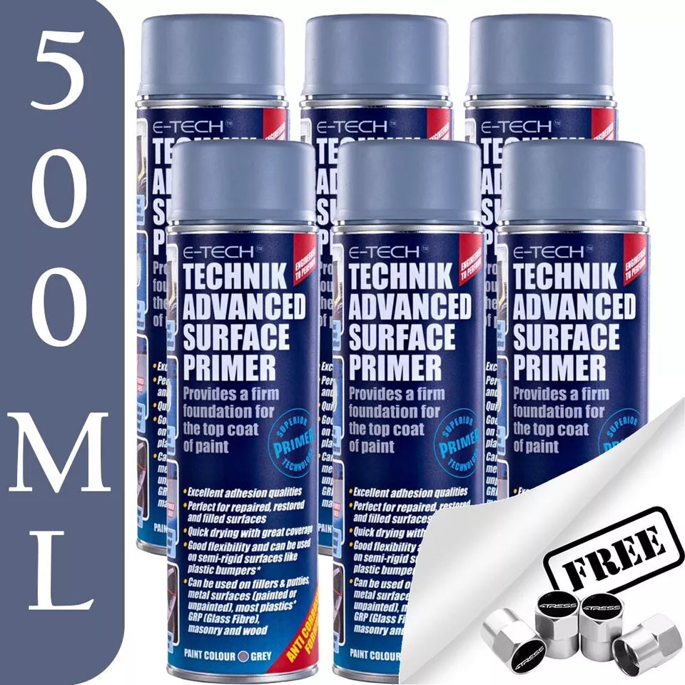 6x E-Tech Technik Advanced Repaired Surface Primer Spray Paint 500ml +Caps