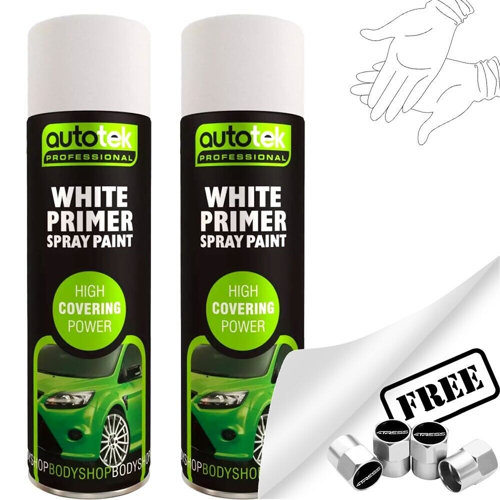 2x AUTOTEK WHITE PRIMER Aerosol Spray Paint Professional Hi Covering Power+G+Caps