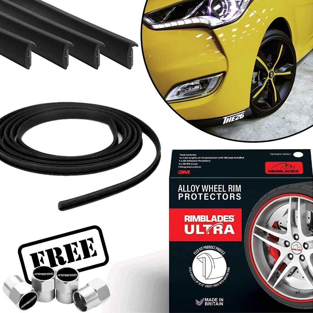 Rimblades ULTRA BLACK Car 4x4 Alloy Wheel Rim Edge Protectors Styling Strip Kit +Caps