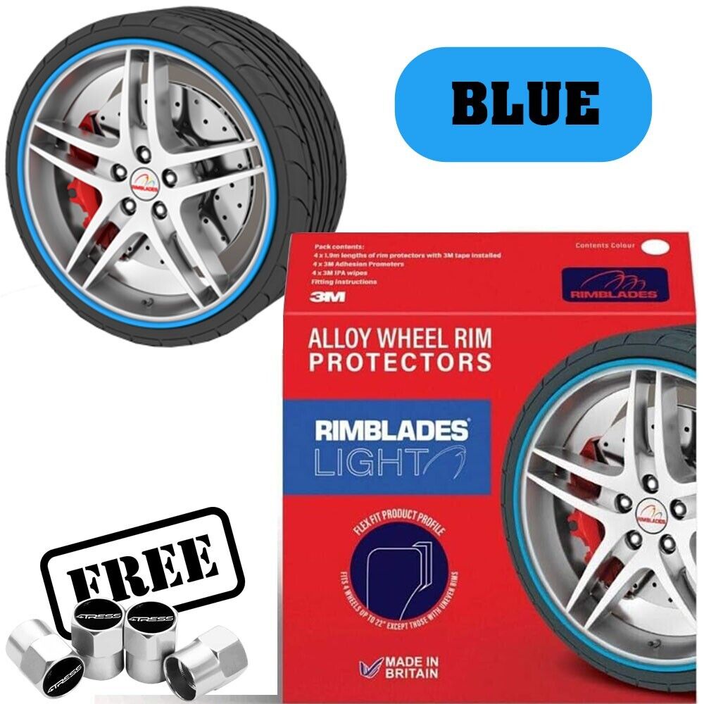 Rimblades LIGHT Car BLUE Alloy Wheel Rim Edge Rubber Protectors Styling Strip Kit +Caps