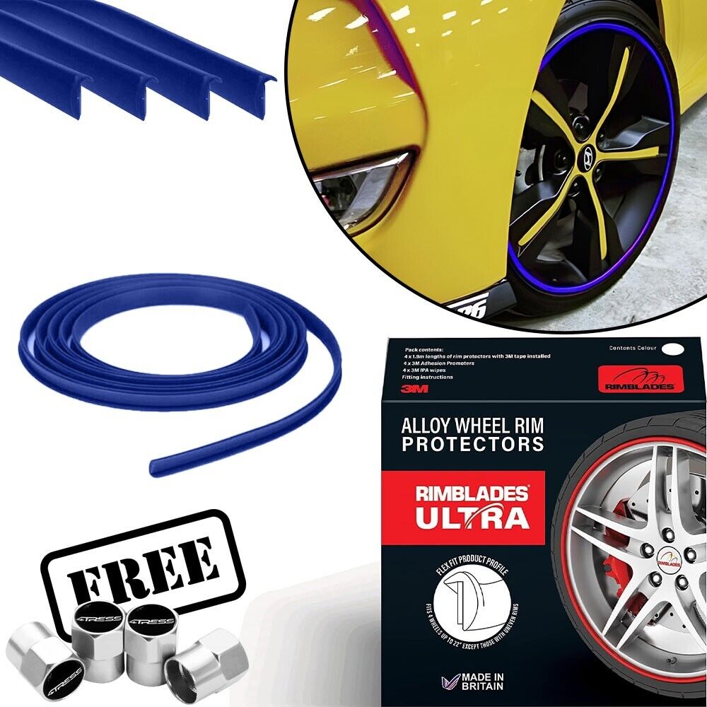 Rimblades ULTRA BLUE Car 4x4 Alloy Wheel Rim Edge Protectors Styling Strip Kit +Caps
