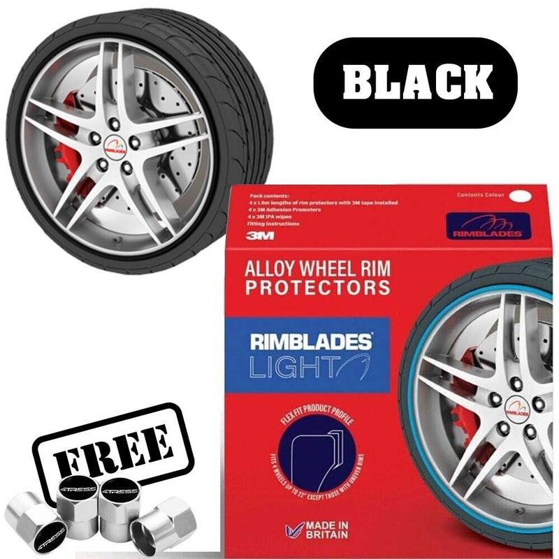 Rimblades LIGHT Car BLACK Alloy Wheel Rim Edge Rubber Protectors Styling Strip Kit +Caps