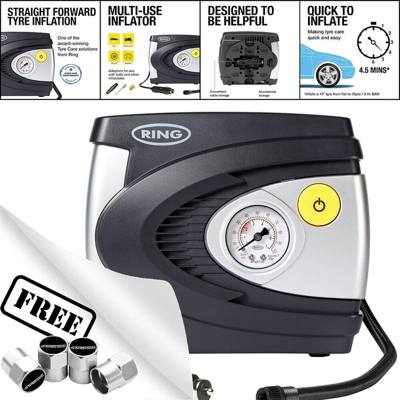 Ring Car Flat Tyre Emergency Repair Sealant Kit 12v Air Compressor Inflator RTK5 +Caps