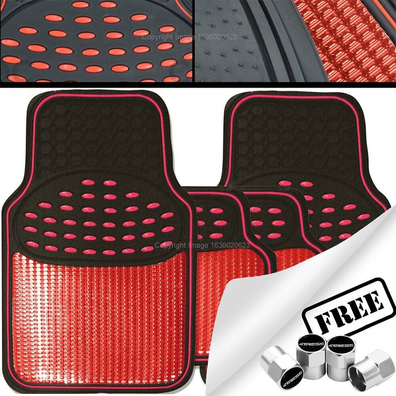 Revelation Shiny Red Metallic Checker Effect Heavy Duty Car Black Rubber Mats Set of 4 +Caps