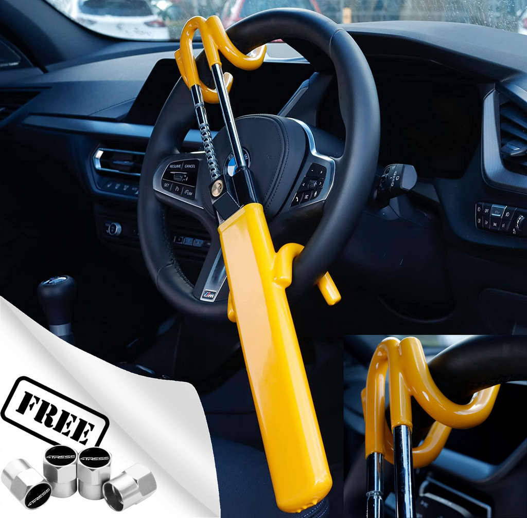 Car Van Twin Bar Double Claw Anti Theft High Security Yellow Steering Wheel Lock +Caps