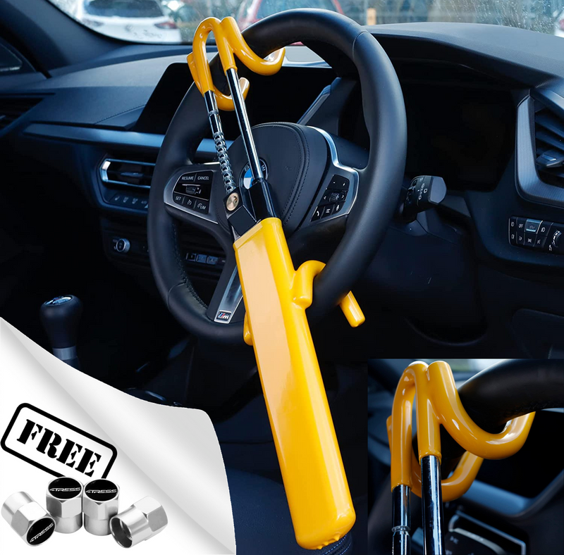 Car Van Twin Bar Double Claw Anti Theft High Security Yellow Steering Wheel Lock +Caps