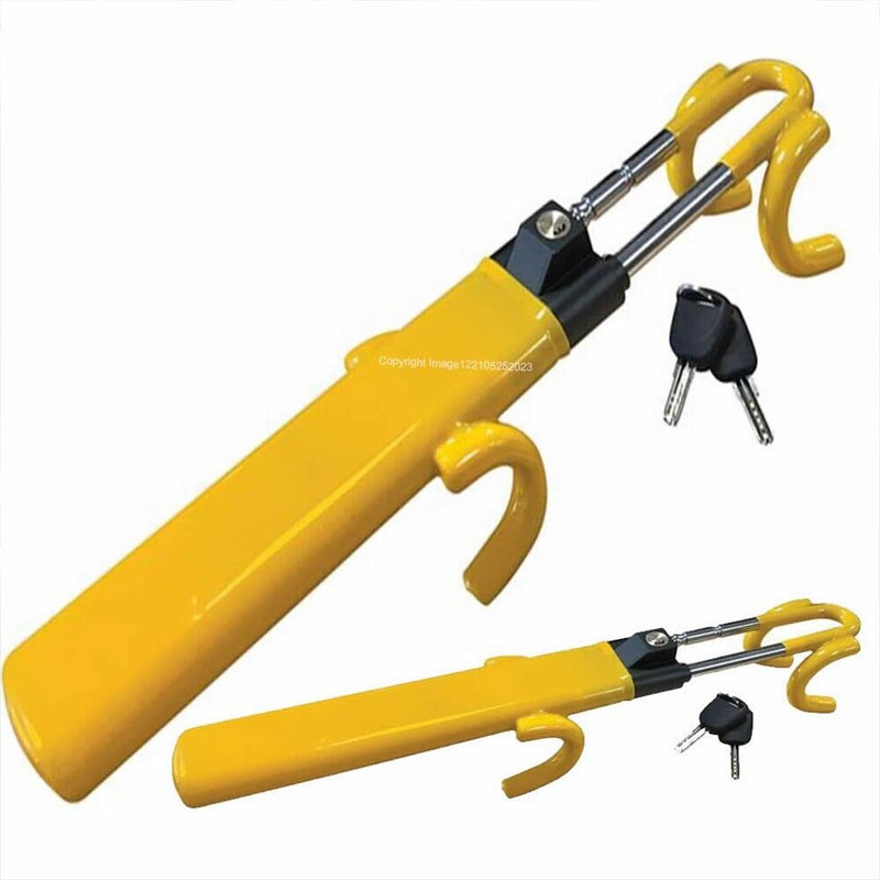 Car Van Twin Bar Double Claw Anti Theft High Security Yellow Steering Wheel Lock +Caps