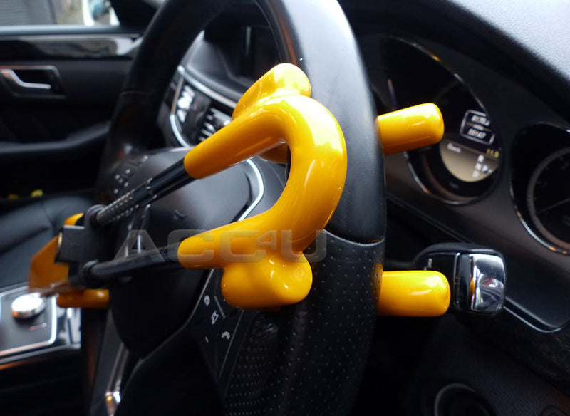 Car Van Twin Bar Double Claw Anti Theft High Security Yellow Steering Wheel Lock +Caps