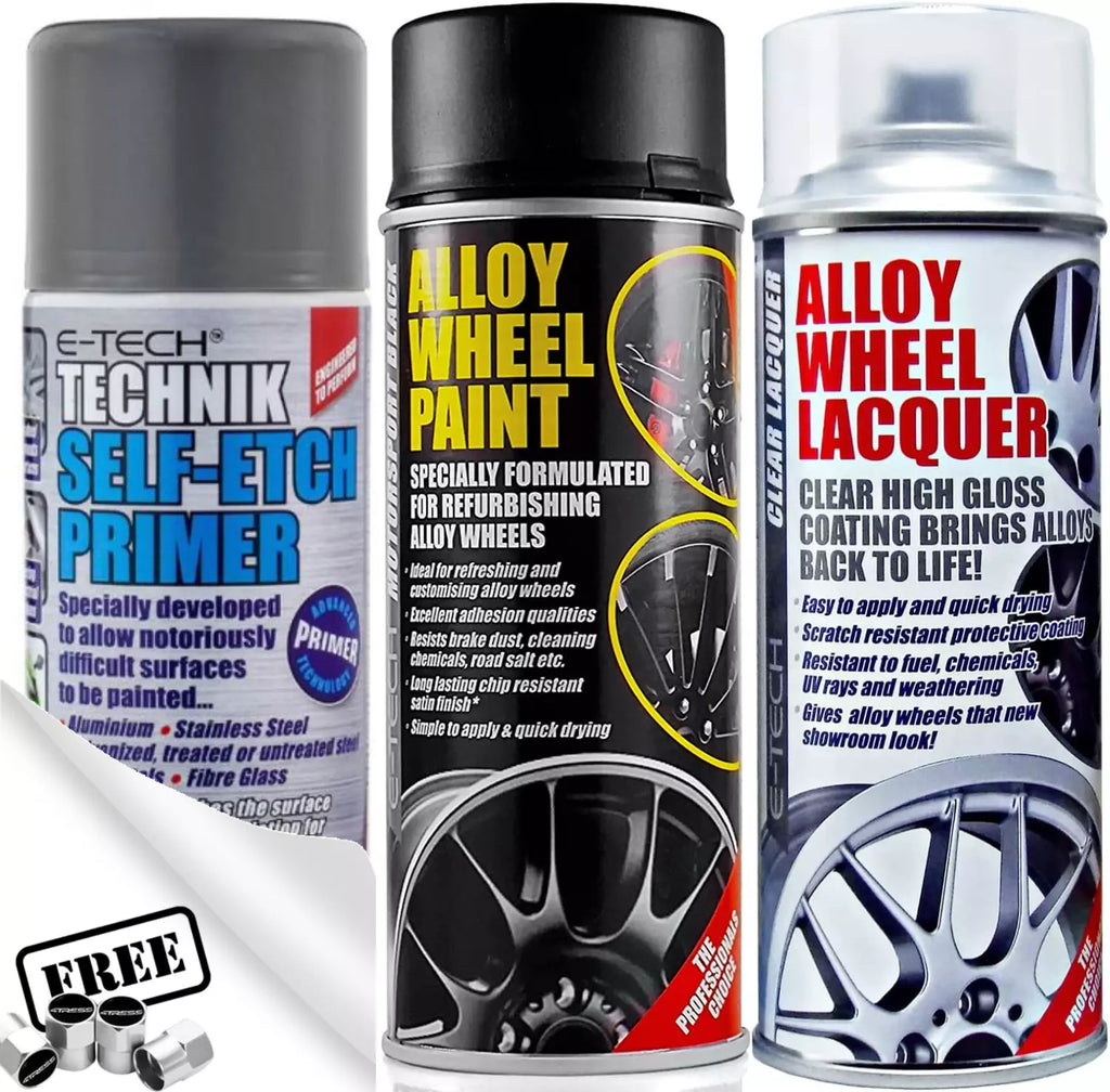 E-Tech BLACK Car Alloy Wheel Spray Paint + Clear Lacquer + Self Etch Primer Package + Caps