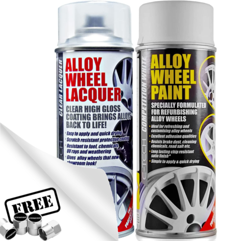 E-Tech WHITE Car Alloy Wheel Spray Paint +Clear Lacquer Refurbishment Deal +Caps