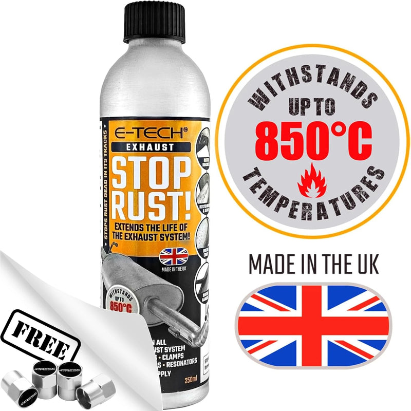 E-Tech Stop Rust Treatment Exhaust System 250ml Car Rust Protection + Caps