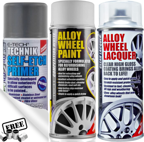 E-Tech WHITE Car Alloy Wheel Spray Paint + Clear Lacquer + Self Etch Primer Package +Caps