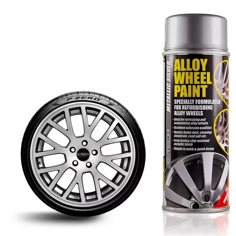 E-Tech METALLIC SILVER Car Alloy Wheel Wheels Refurbishment Spray Paint Can +Caps
