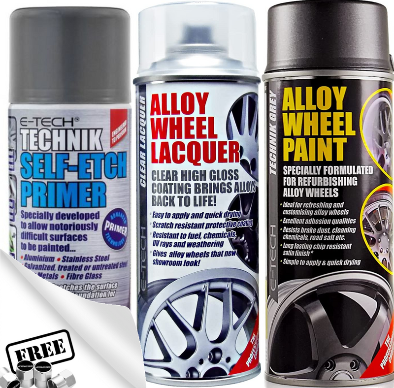 E-Tech TECHNIK GREY Car Alloy Wheel Spray Paint + Clear Lacquer + Self Etch Primer +Caps