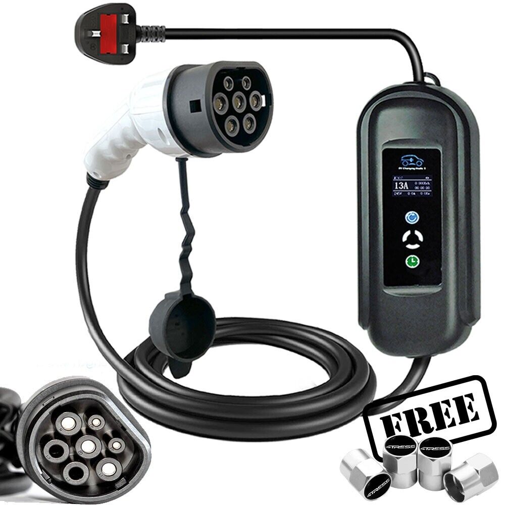 Simply 3 Pin UK Plug To EV Car Type 2 Adapter Charging Cable Charger With Adjustable Electric +Caps