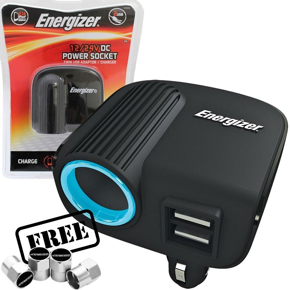 Energizer 12/24v Car Cigarette Lighter Socket Twin USB Ports Power Adapter +Caps
