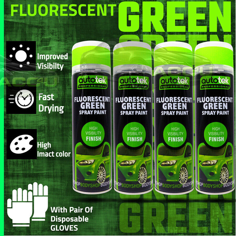 4 x Fluorescent Bright Green High Visibility AUTOTEK Bodyshop Spray Paint+G+C✅