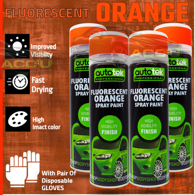 4 x 500ml Fluorescent ORANGE Bright High Visibility AUTOTEK Spray Paint + G+C✅