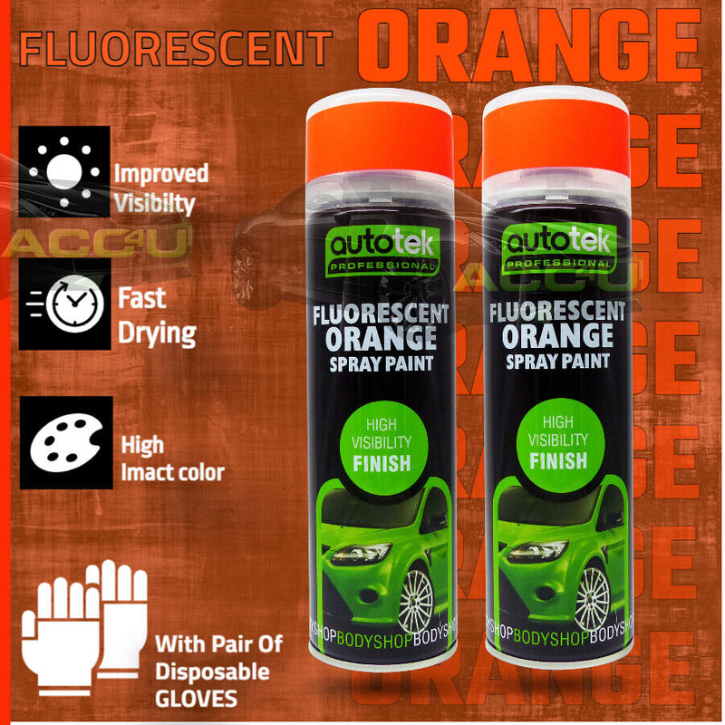 2 x 500ml Fluorescent ORANGE Bright High Visibility AUTOTEK Spray Paint + G+C✅