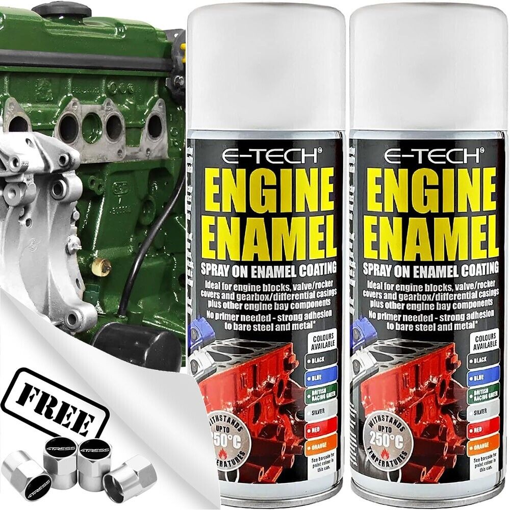 2x E-Tech GREEN Engine Spray On Enamel Paint High Temp Heat Resistant +Caps