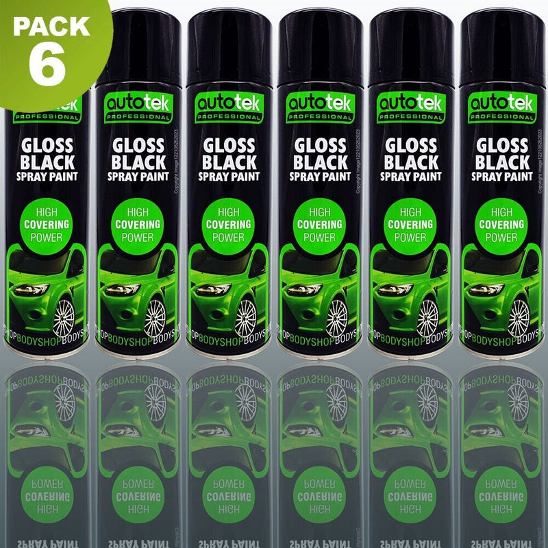 6 x Autotek Gloss Black Spray Paint Professional Bodyshop High Covering Power+G+C✅