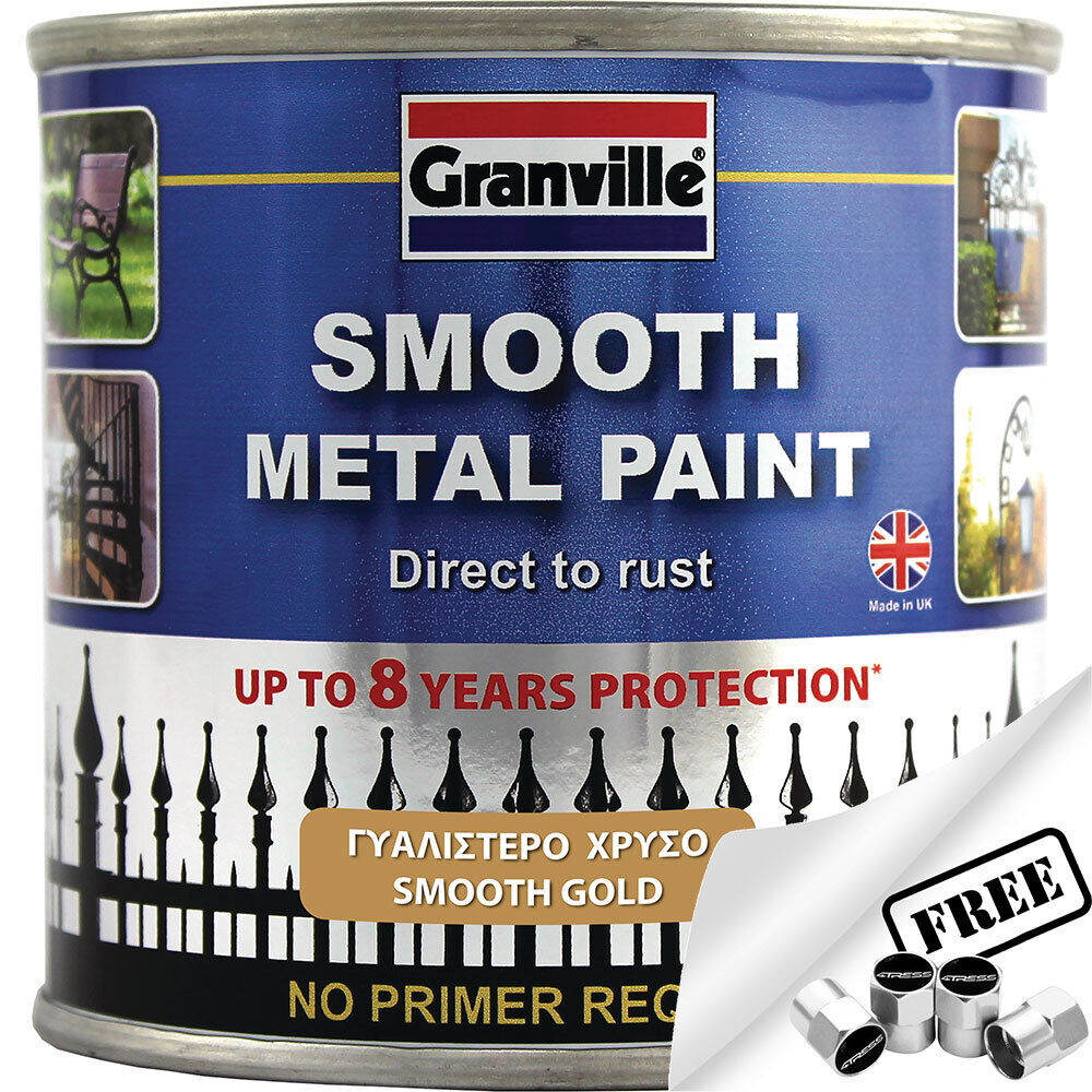 Granville Smooth Gold Finish Direct To Rust Metal Brush On Paint Tin +Caps