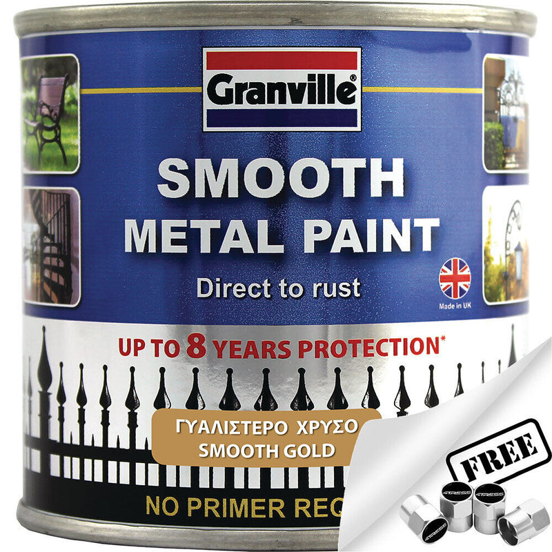 Granville Smooth Gold Finish Direct To Rust Metal Brush On Paint Tin +Caps