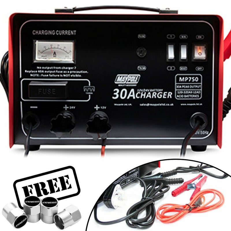 Maypole MP750 12v 24v 30A 120Ah to 320Ah Heavy Duty Car Van Leisure Battery Charger +Caps