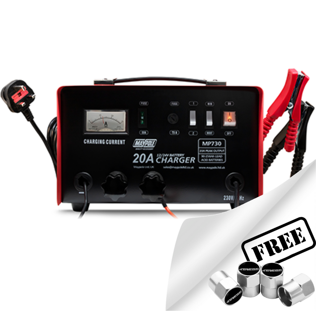 Maypole MP730 12v 24v 20 Amp 250Ah Metal Case Car Van Commercial Battery Charger +Caps