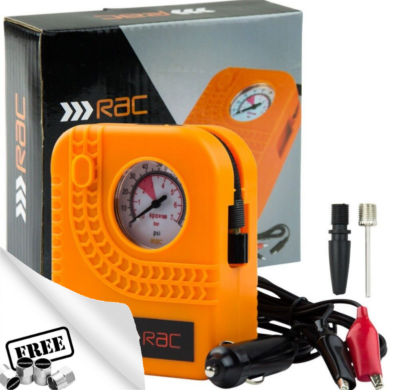 RAC 12v Car Motorcycle Motor Bike Compact Mini Tyre Air Compressor Inflator Pump +Caps