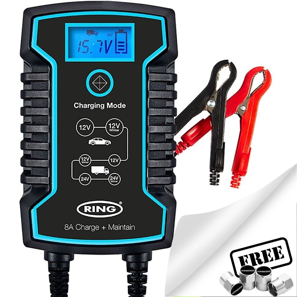 Ring RSC808 12v 24v 8A Start/Stop Car Van Truck Smart Battery Charger & Maintainer +Caps