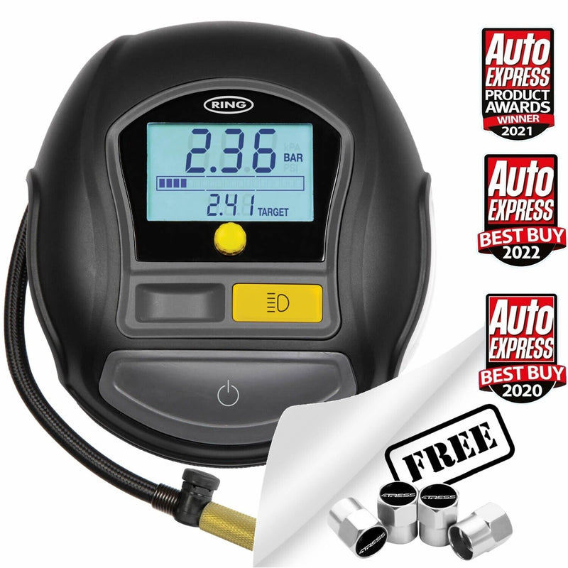 Ring RTC1000 12v Rapid Digital Auto Stop Car Tyre Air Compressor Inflator Pump +Caps