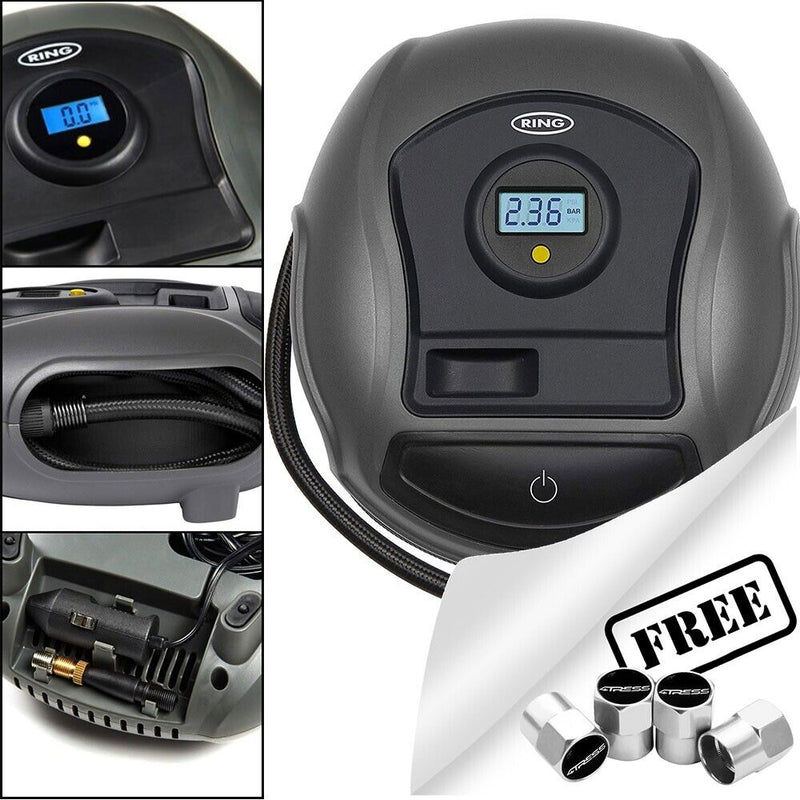 Ring RTC300 12v Plug Digital Gauge Car Tyre Air Compressor Inflator Pump +Caps