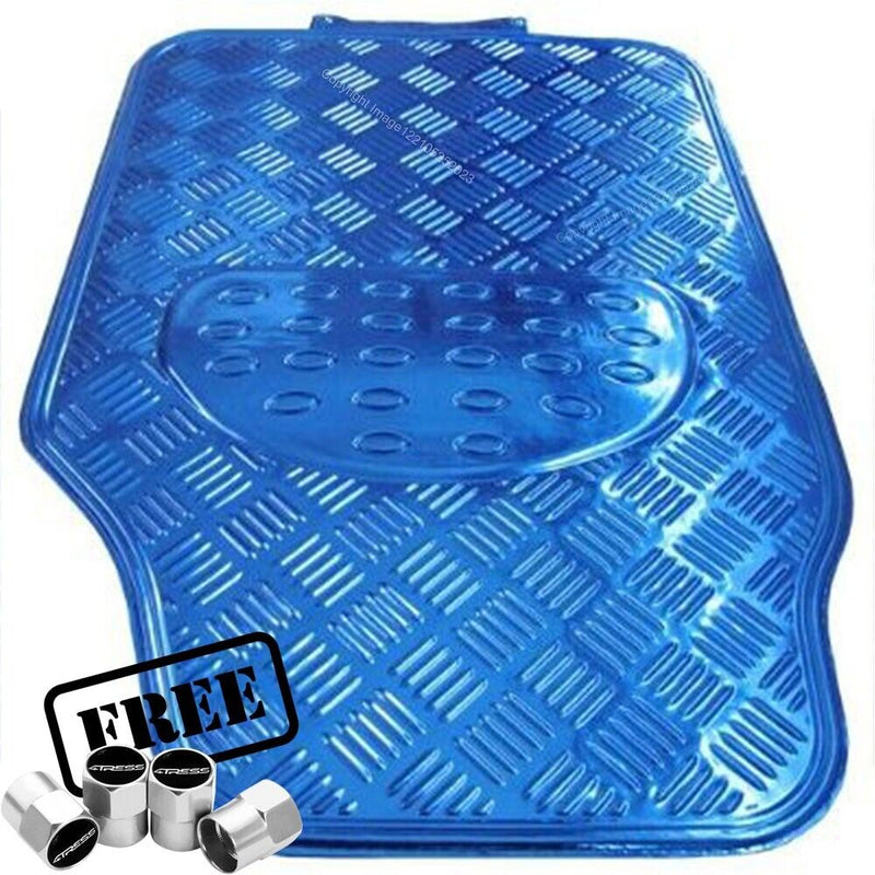 Shiny Blue Chrome Look Checker Style Effect Car Rubber Floor Mats Set Of 4 +Caps