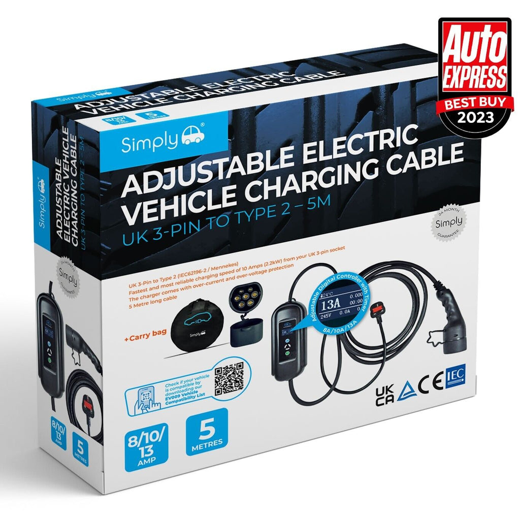 Simply 3 Pin UK Plug To EV Car Type 2 Adapter Charging Cable Charger With Adjustable Electric