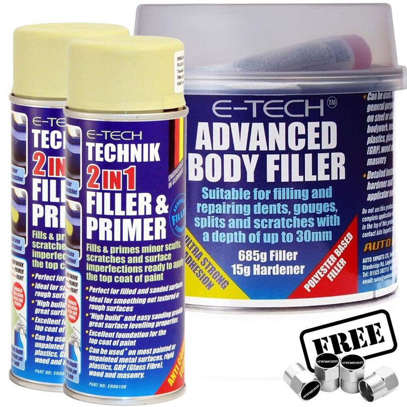 2x E-Tech Primer Filler Spray Paint 400mL + Car Body Filler Repair Scratch 700g + Caps