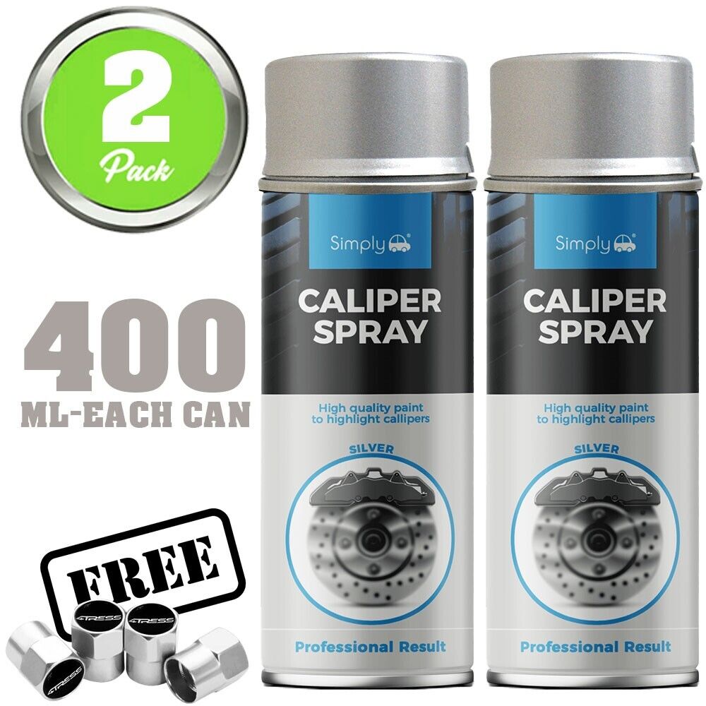 2 x Simply Car Brake Caliper SILVER Spray Paint Heat Resistant High Quality +Caps