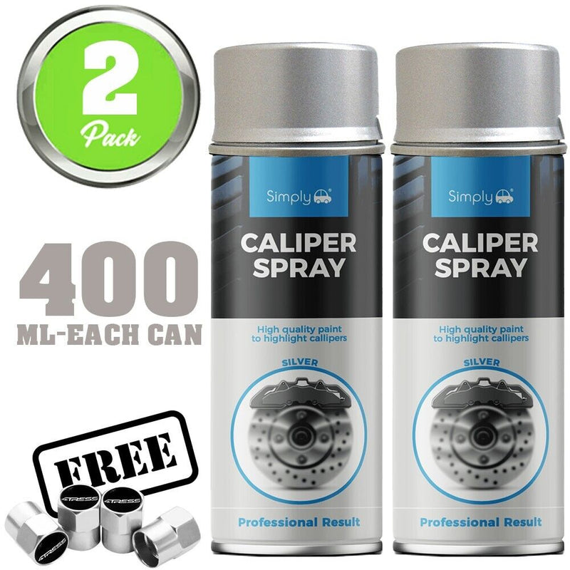 2 x Simply Car Brake Caliper SILVER Spray Paint Heat Resistant High Quality +Caps