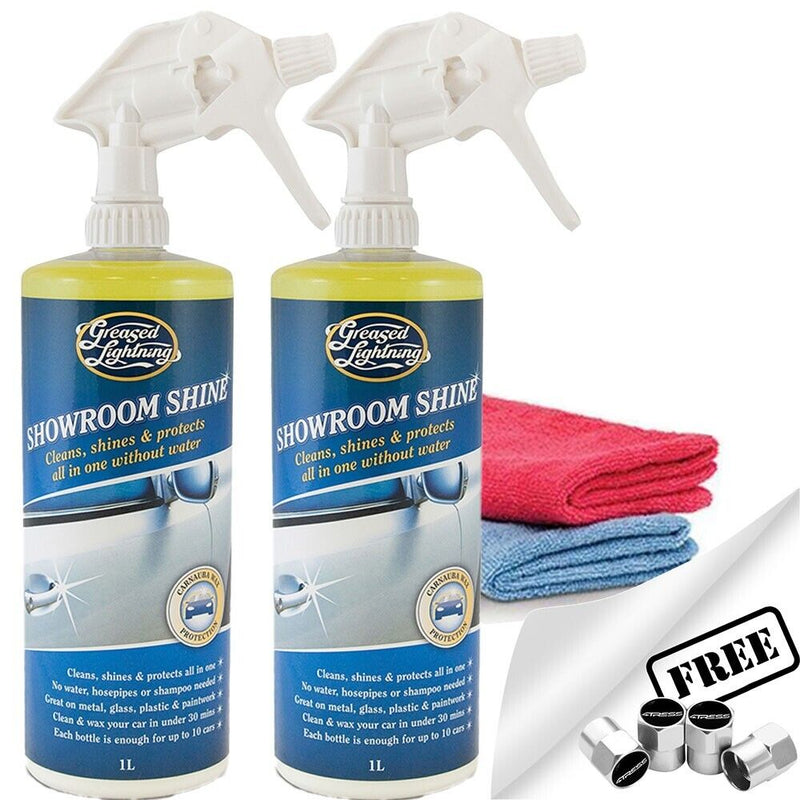 2x Greased Lightning Car Van Caravan Showroom Shine Waterless Wash & Wax+2 CL +Caps