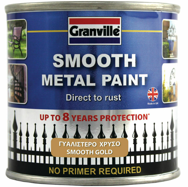 Granville Smooth Gold Finish Direct To Rust Metal Brush On Paint Tin +Caps