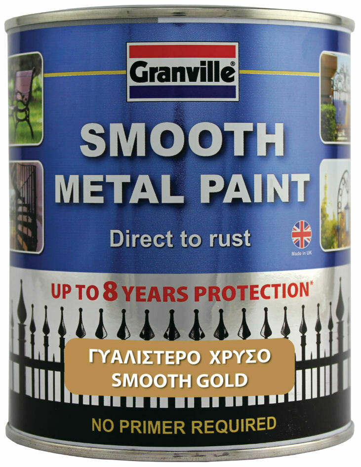 Granville Smooth Gold Finish Direct To Rust Metal Brush On Paint Tin +Caps