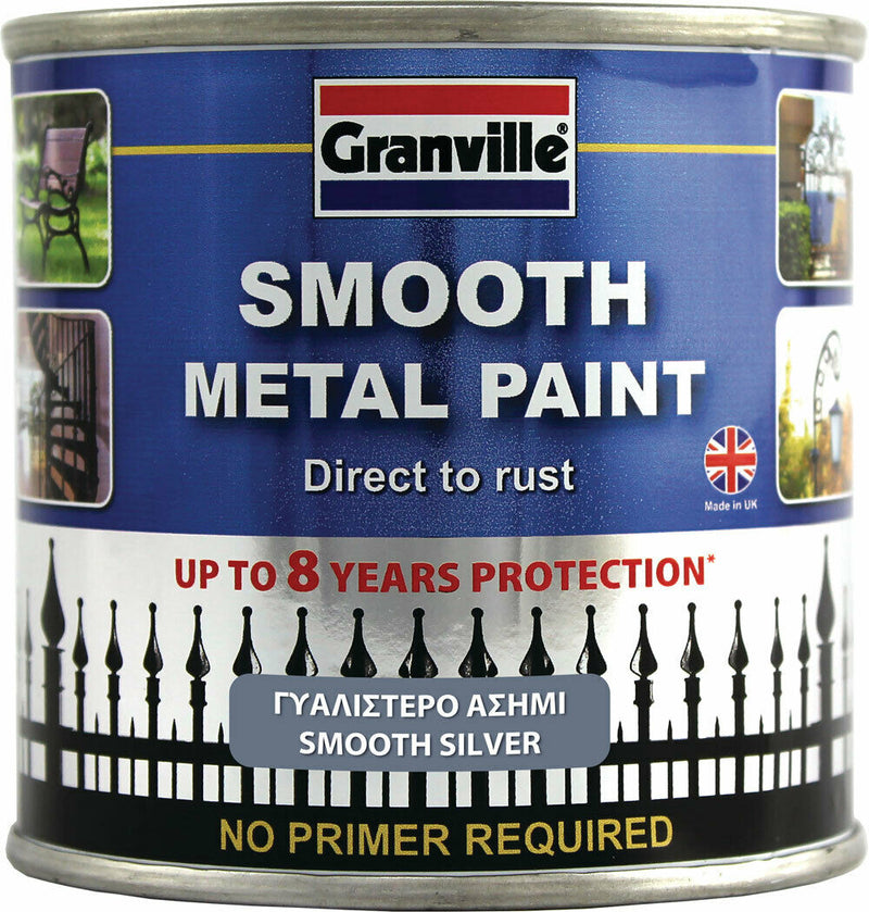 Granville Smooth Silver Finish Direct To Rust Metal Brush On Paint Tin +Caps